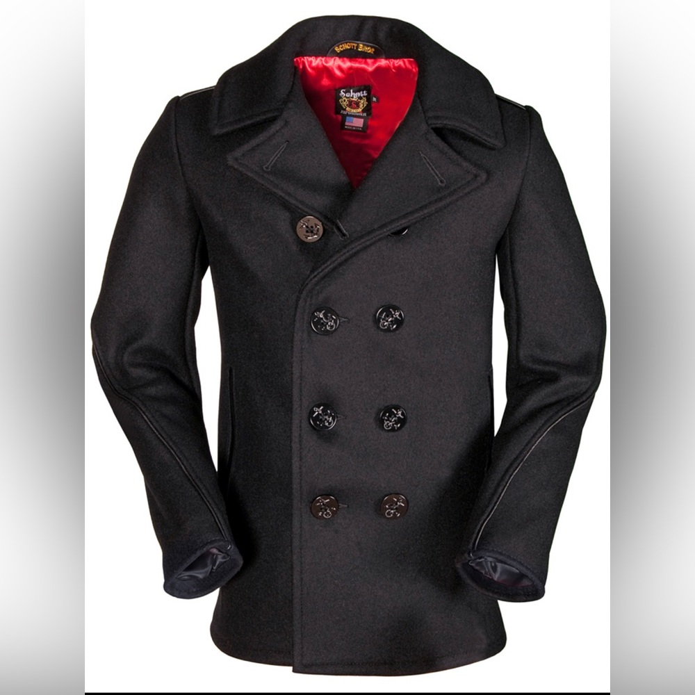 Schott NYC Leather Trimmed Pea coat-Red satin lining
